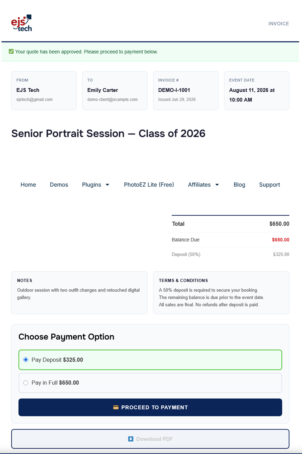 InvoiceEZ — quote and invoice client page screenshot