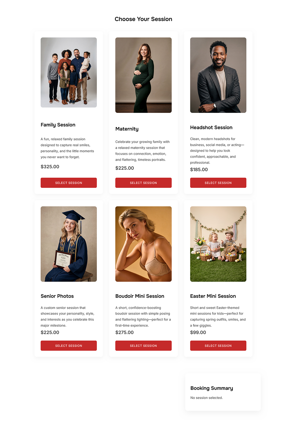 PhotoEZ Booking — front-end booking flow screenshot