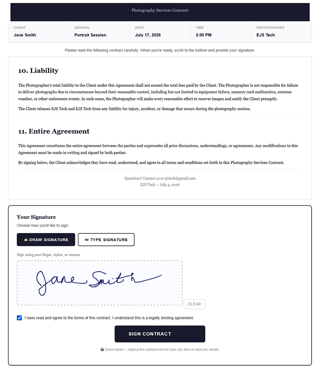 PhotoEZ Contracts — digital signing page screenshot